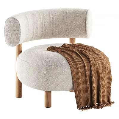 Light Beige Upholstered Leisure Chair With Curved Backrest Wooden Legs And Brown Knitted Blanket 3d model