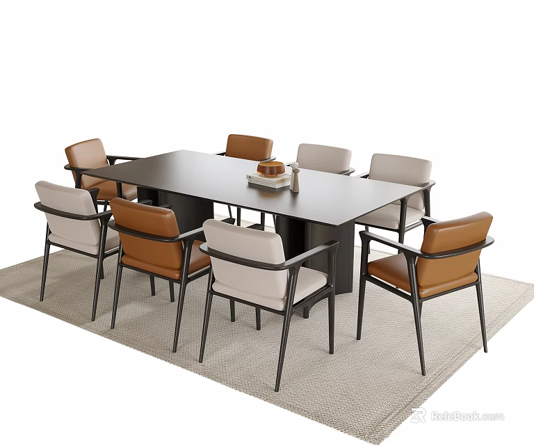 Modern Dining Table And Chairs Set With Black Tabletop And Eight Brown Beige Chairs 3d model