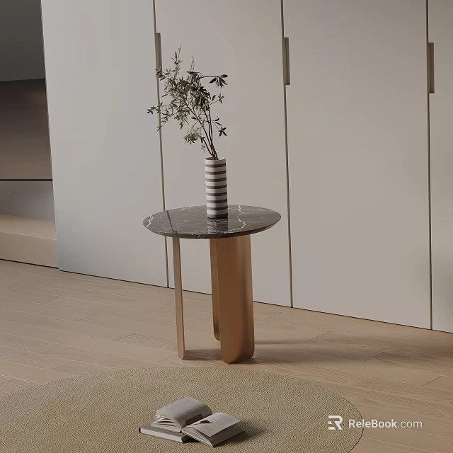 Side Table with Marble Top Metal Wooden Legs Striped Vase and Plant on Wooden Floor 3d model 
