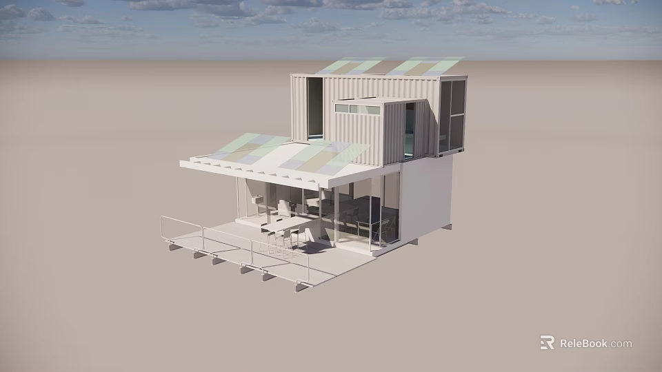 Modern Two Story Container House With Green Roof Terrace And Outdoor Seating 3d model 