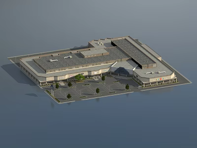 Large Commercial Building Aerial View With Modern Roof Design And Parking Area 3d model