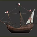 Historical Wooden Sailing Ship With White Sails Adorned With Red Crosses Classic Masts And Rigging