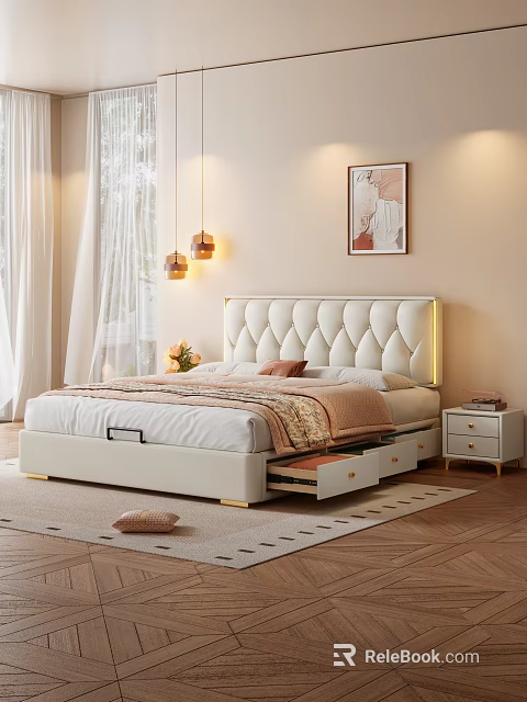 Modern Bedroom Interior With Tufted Headboard Underbed Drawers Nightstand And Wall Art 3d model 
