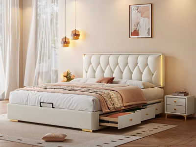 Modern Bedroom Interior With Tufted Headboard Underbed Drawers Nightstand And Wall Art 3d model