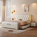 Modern Bedroom Interior With Tufted Headboard Underbed Drawers Nightstand And Wall Art