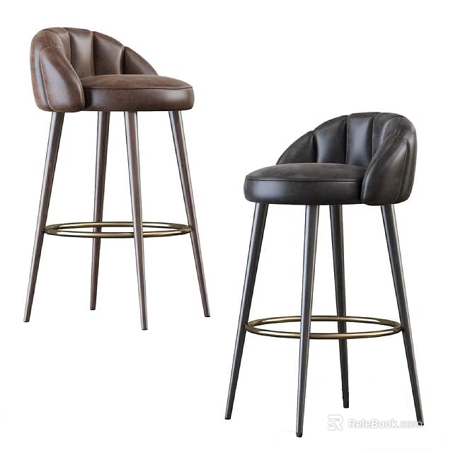 Stylish Leather Bar Stools with Modern Metal Legs and Comfortable High Back Design 3d model 