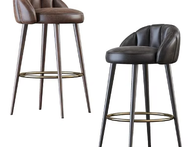 Stylish Leather Bar Stools with Modern Metal Legs and Comfortable High Back Design 3d model
