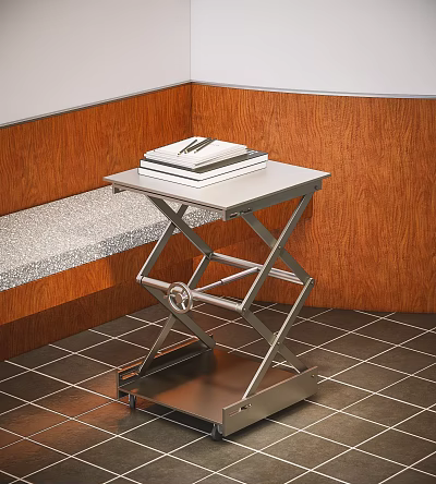 Wheeled Metal Side Table With Adjustable Frame And Stacked Books Near Wooden Wall 3d model