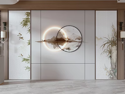 Oriental Sofa Background Wall With Circular Landscape Painting And Warm Lighting 3d model