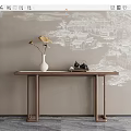 Traditional Chinese Console Table With Landscape Wall Art Wooden Surface And Decorative Vase