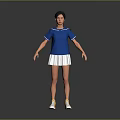 Woman in Blue Top and White Pleated Skirt with Yellow Sneakers Standing