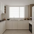 Modern White Kitchen Interior With Window Blinds Stove Sink And Cabinets