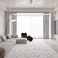 Modern Living Room With White Sofa Set Black Chair Floor Lamp And White Curtains
