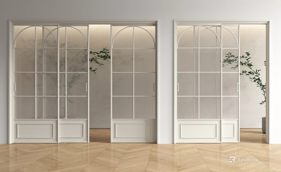 Sleek Modern White Sliding Doors With Glass Grid Arched Top And Wooden Flooring 3d model 