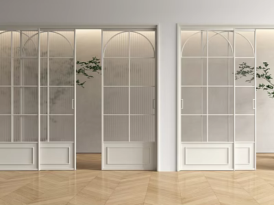 Sleek Modern White Sliding Doors With Glass Grid Arched Top And Wooden Flooring 3d model