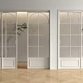 Sleek Modern White Sliding Doors With Glass Grid Arched Top And Wooden Flooring