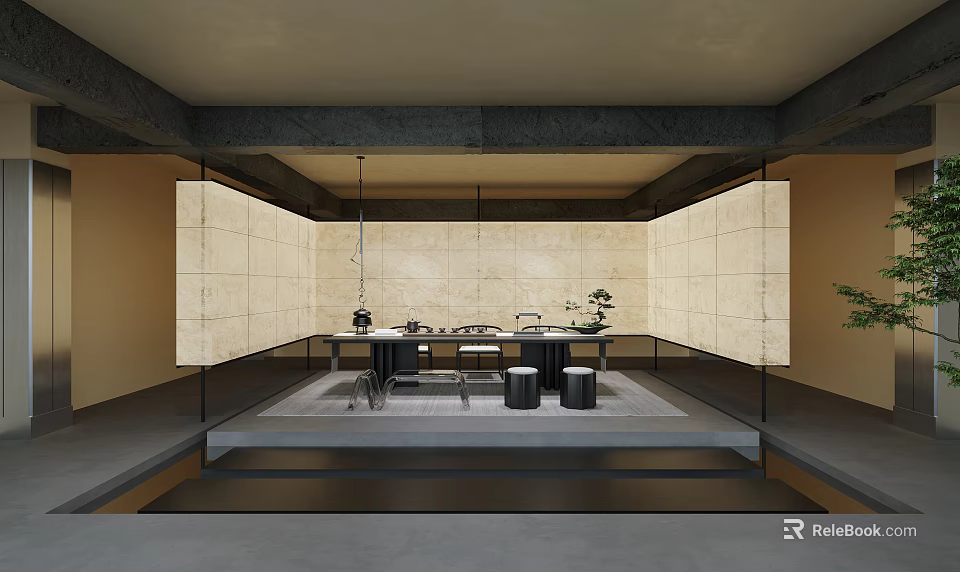 Modern Minimalist Tea Room Interior With Stone Walls Wooden Table And Potted Plants 3d model 