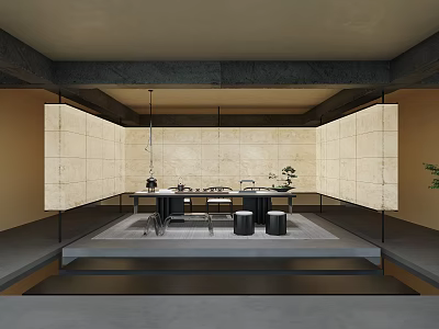 Modern Minimalist Tea Room Interior With Stone Walls Wooden Table And Potted Plants 3d model