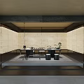 Modern Minimalist Tea Room Interior With Stone Walls Wooden Table And Potted Plants