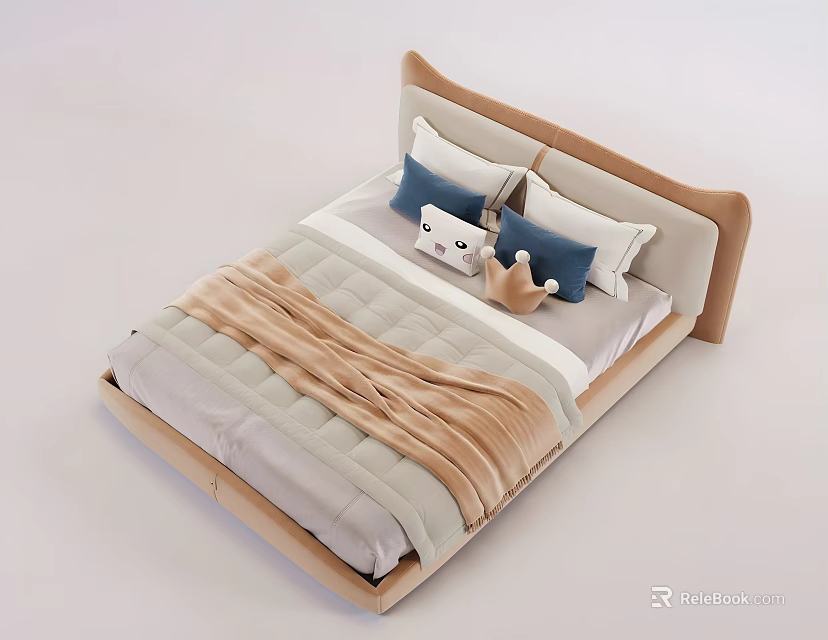 Modern Double Bed With Beige Upholstered Headboard Blue Cushions White Pillows And Light Brown Blanket 3d model 