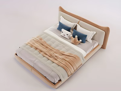 Modern Double Bed With Beige Upholstered Headboard Blue Cushions White Pillows And Light Brown Blanket 3d model