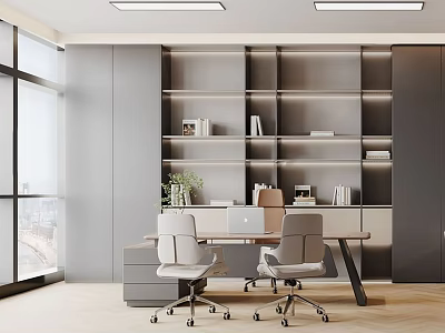 Modern Office Interior Design With Large Windows Grey Bookshelves Desk Chairs And Green Plants 3d model