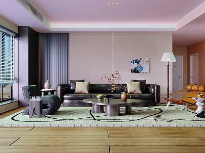 Modern Soft Tone Living Room With Black Leather Sofa Round Coffee Table And Chic Decor 3d model