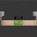 Modern Football Stadium with Green Pitch Orange Stands and Floodlights