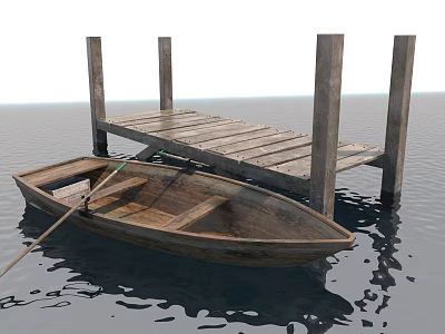 Traditional Wooden Boat Floating Near Wooden Dock With Oar On Calm Water 3d model