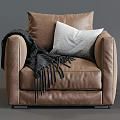Modern Brown Leather Single Sofa With Gray Pillow And Dark Throw Blanket 3d model