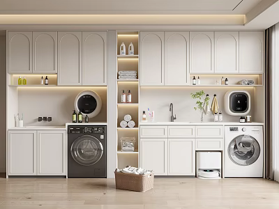 Modern Open Concept Kitchen Interior With Washing Machine And White Cabinets 3d model