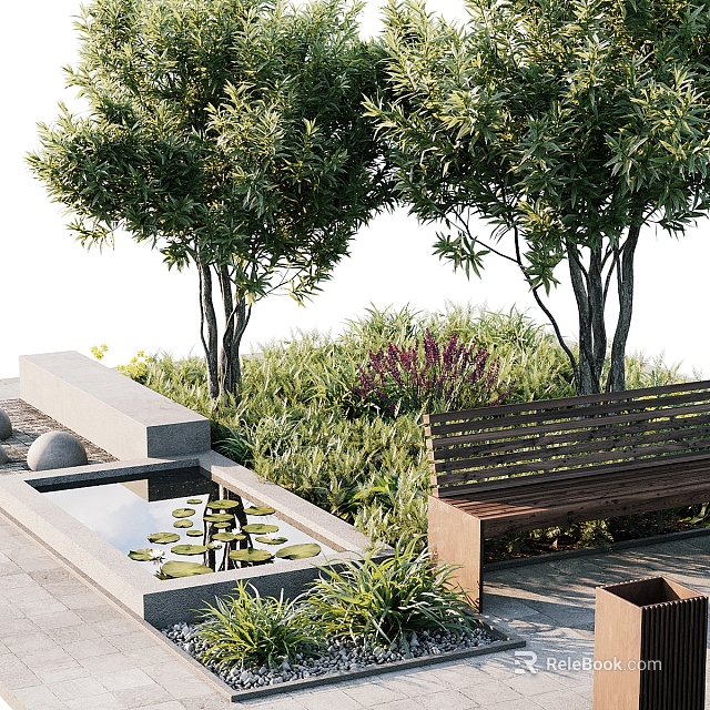 Tranquil Water Fountain Garden With Trees Green Grass Purple Flowers Stone Bench And Water Lilies 3d model 