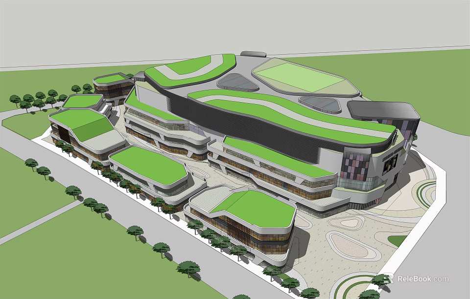 Modern Commercial Complex With Green Roof Design And Surrounding Trees 3d model 