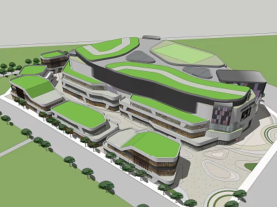 Modern Commercial Complex With Green Roof Design And Surrounding Trees 3d model