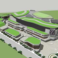 Modern Commercial Complex With Green Roof Design And Surrounding Trees