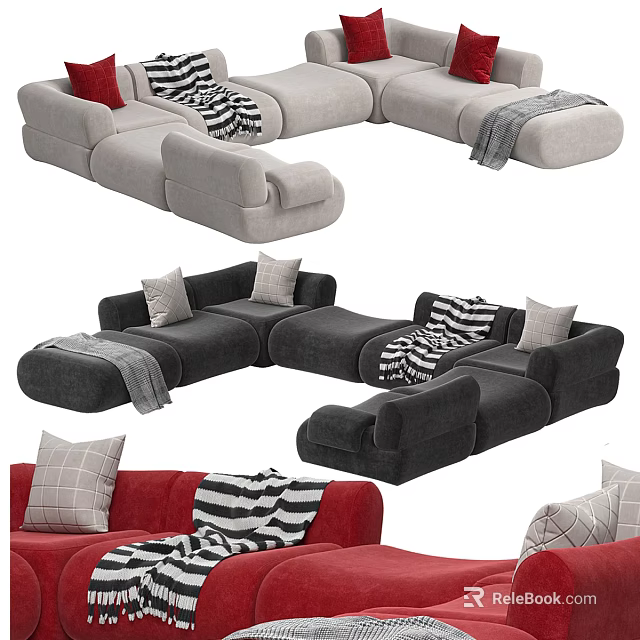 Modern Sectional Sofa In Various Colors With Decorative Pillows And Cozy Blankets 3d model 