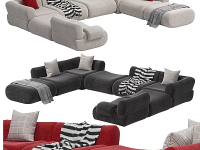 Modern Sectional Sofa In Various Colors With Decorative Pillows And Cozy Blankets 3d model
