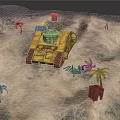Ancient Desert Scene Featuring Yellow War Chariot Palm Trees And Wooden Crates In Arid Landscape