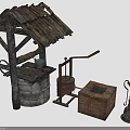 Rustic Wooden Well with Hand Pump Wooden Box and Iron Oil Lamp