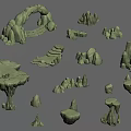 Green Stone and Wood 3D Landscape Design Elements in Various Shapes