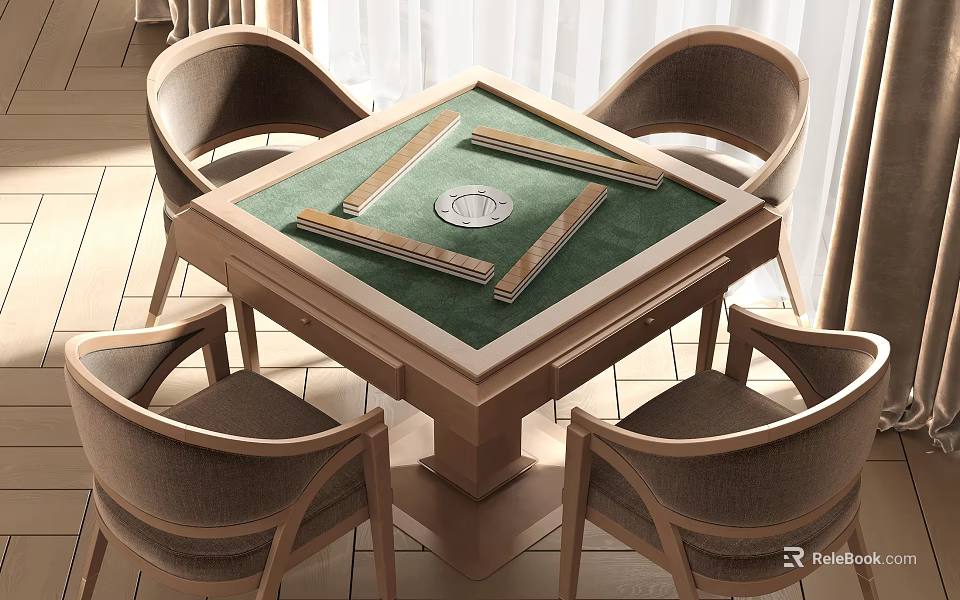 Entertainment Table With Green Felt Surface And Four Wooden Chairs For Game Room 3d model 