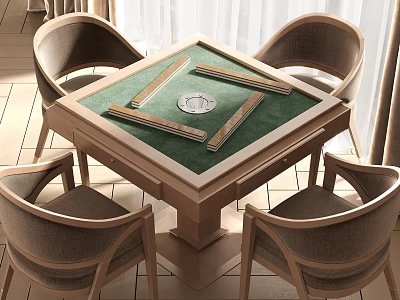 Entertainment Table With Green Felt Surface And Four Wooden Chairs For Game Room 3d model