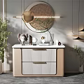 Modern Entryway Console Cabinet With Round Mirror Decorative Items And Green Plants Design