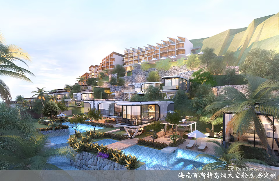 Hainan Wanning Qiaohai Coastal Commercial Street Panoramic View With Resort Buildings And Greenery 3d model 
