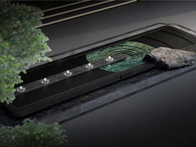 Modern Water Fountain Design With Rectangular Basin Circular Water Pattern Natural Rock And Green Plants 3d model