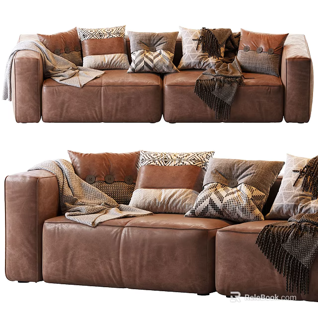Brown Leather Two Seater Sofa With Patterned Pillows And Cozy Throws 3d model