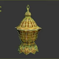 Ornate Golden Decorative Vessel With Intricate Carvings Lid And Base