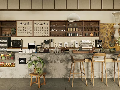 Traditional Chinese Teahouse Interior With Wooden Shelves And Tea Sets 3d model