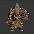 Man As Dwarf Warrior With Long Beard Wearing Detailed Armor Holding Large Hammer