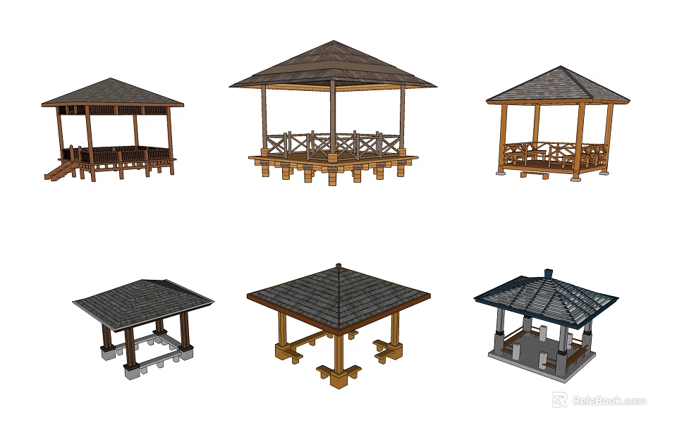 Wooden Gazebos With Various Roof Designs And Base Structures For Outdoor Use 3d model 